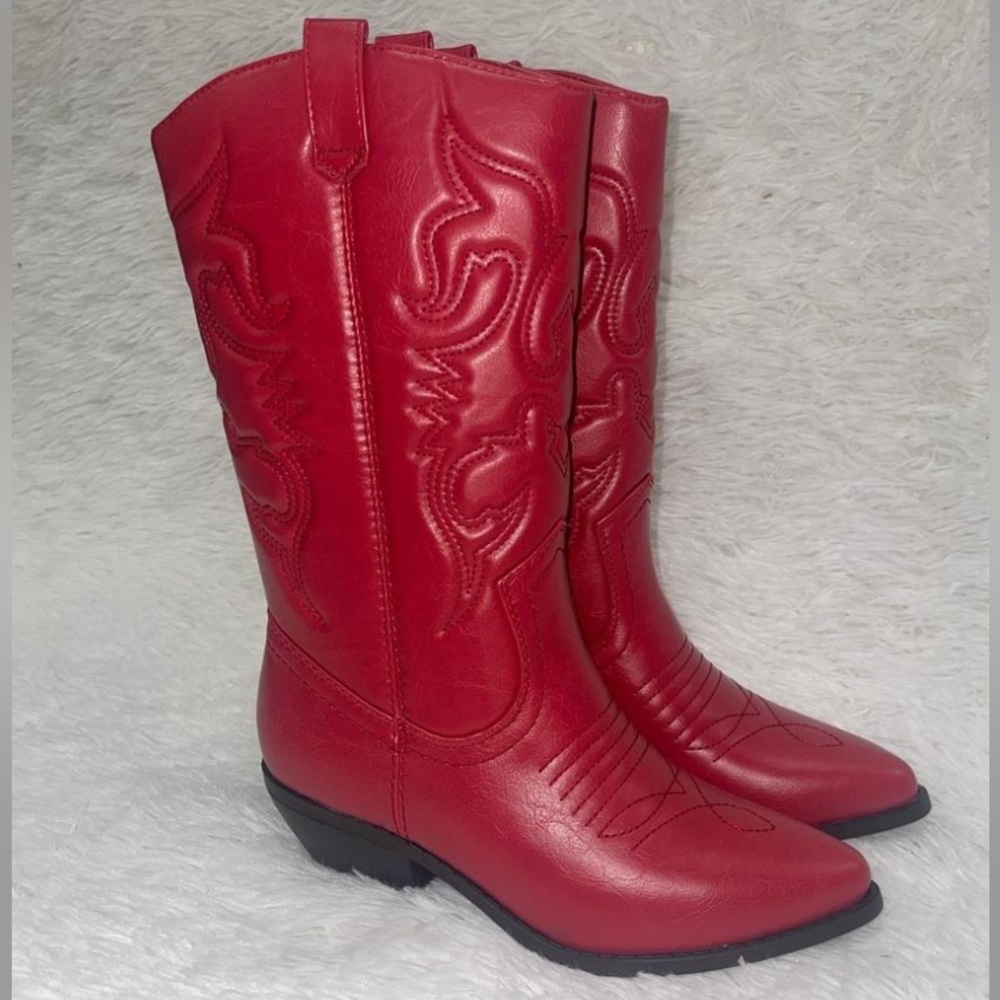 SOLD. Reno Western Stitched Cowgirl Cowboy Boots Pointy Toe in Red Vegan Leather